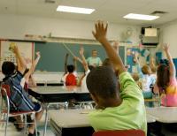 students raising hands in class